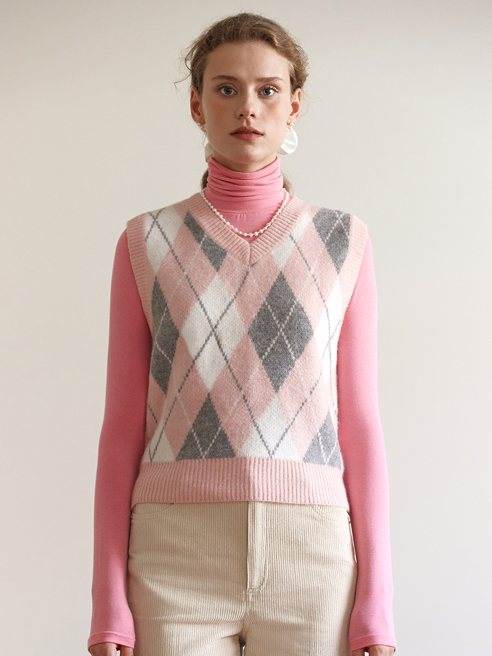 ARGYLE KNIT VEST PINK