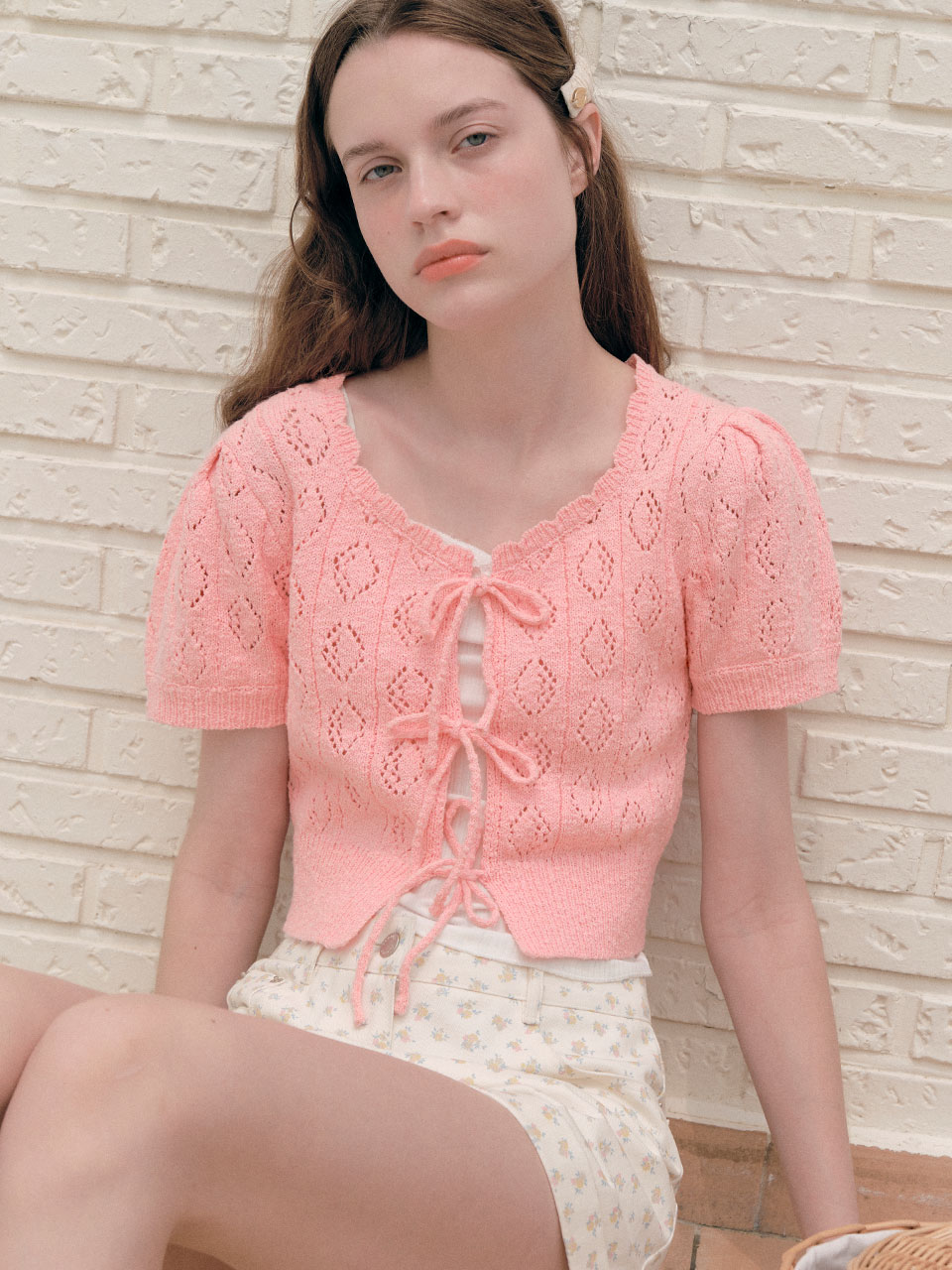 RIBBON CROCHET BOLERO CARDIGAN PINK