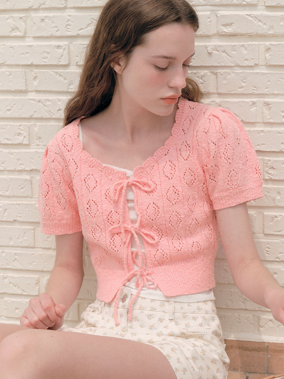 RIBBON CROCHET BOLERO CARDIGAN PINK