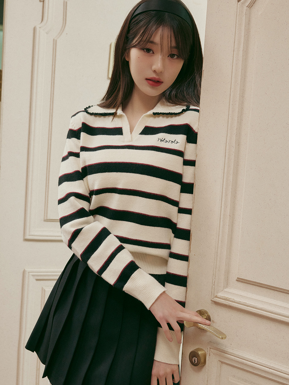 V NECK COLLAR STRIPE KNIT PULLOVER IVORY