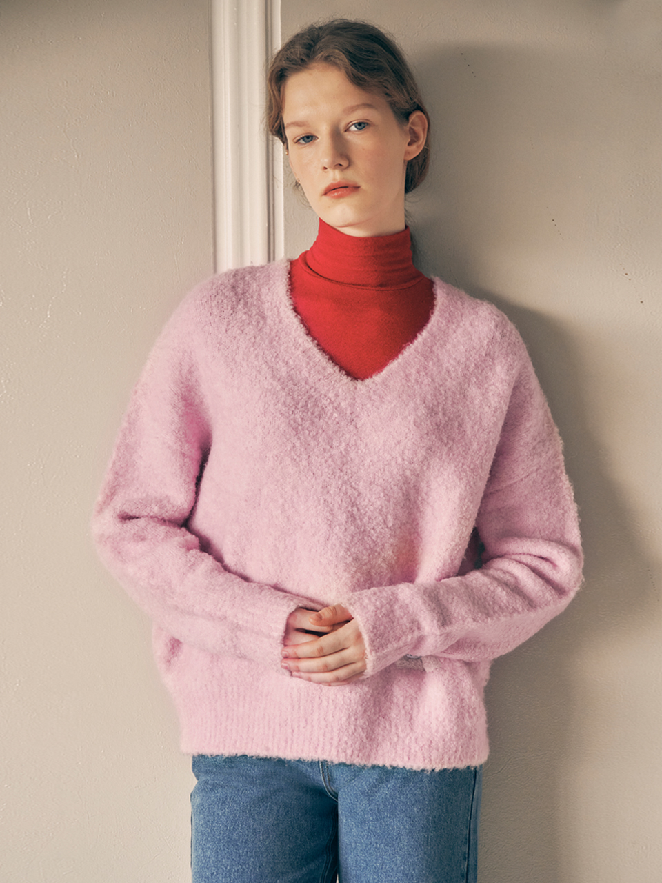 BOUCLE V NECK KNIT PINK