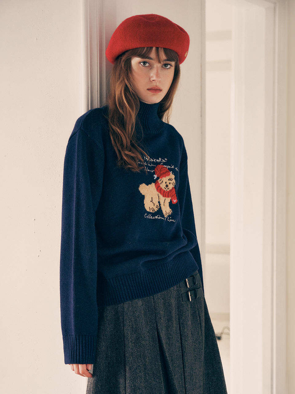 PUPPY JACQUARD HIGH NECK KNIT NAVY