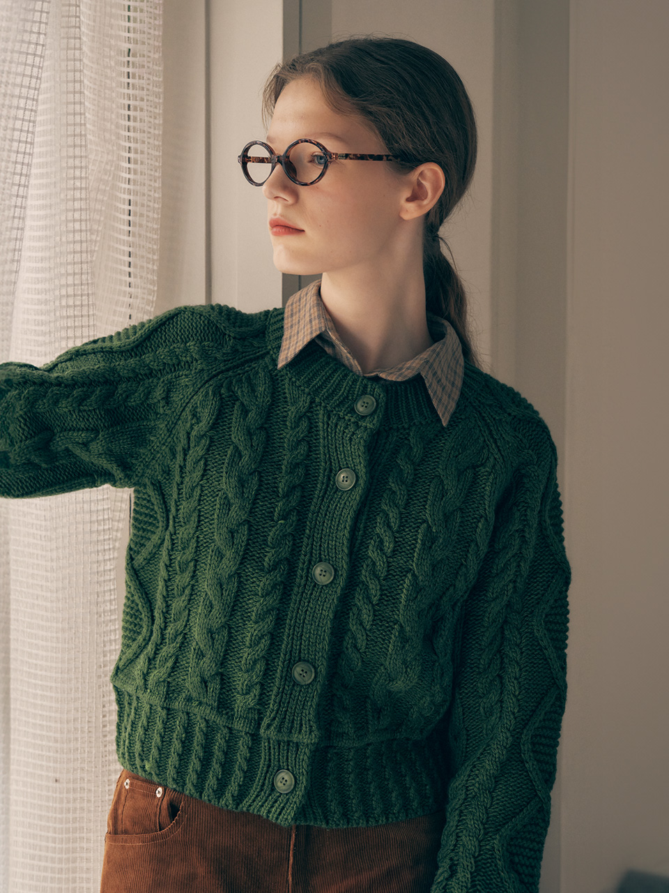 WOOL BLENDED CABLE CARDIGAN GREEN