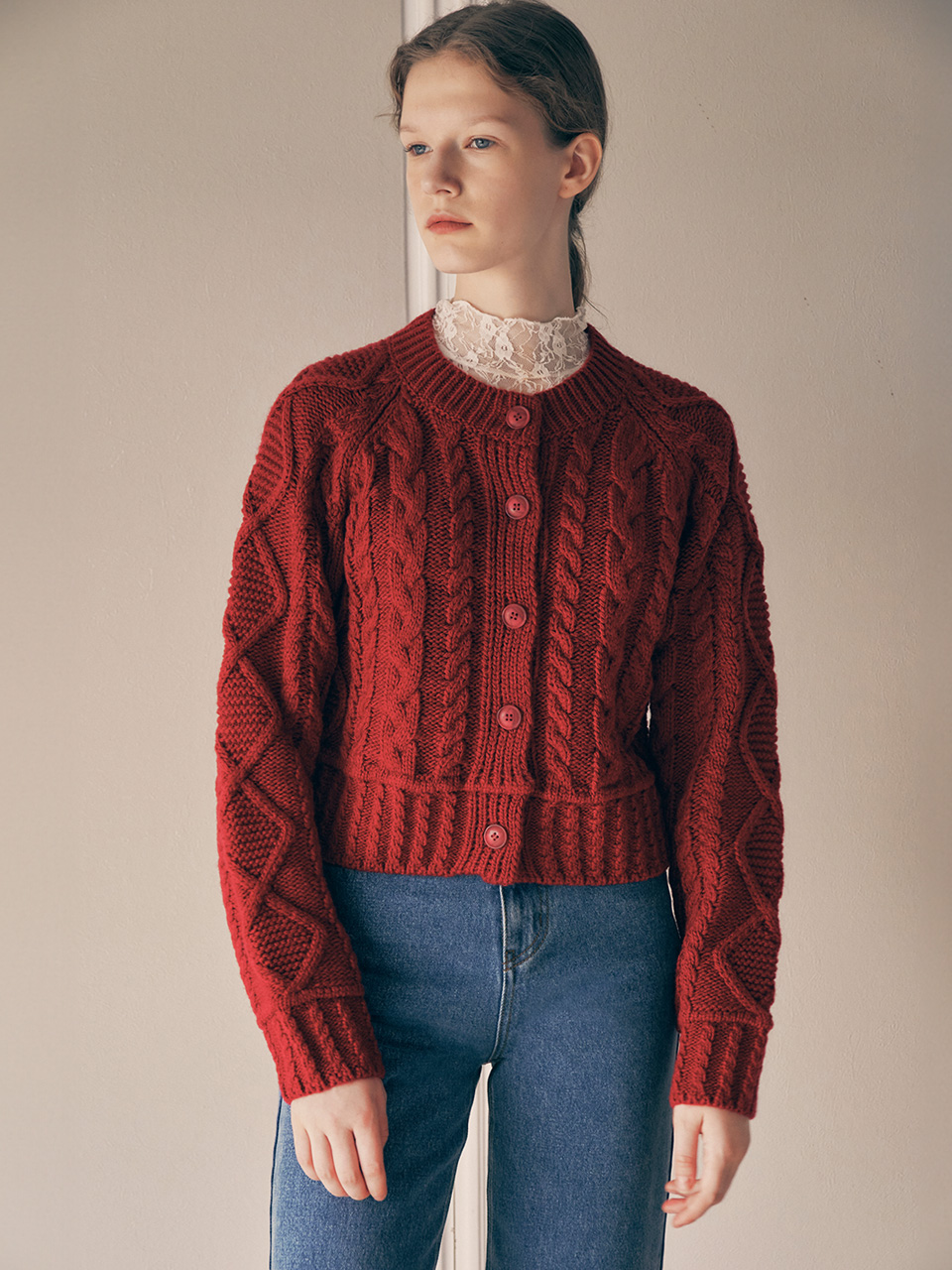 WOOL BLENDED CABLE CARDIGAN RED